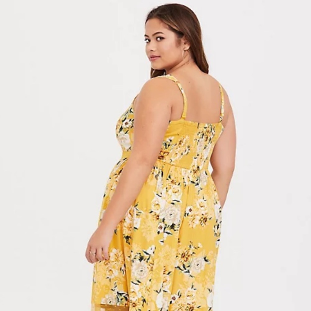 MIDI Yellow Floral Challis Button Front Smocked Back Dress Size 1